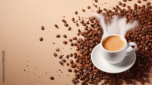 White coffee cup with coffee splashes and flying beans on beige background for text placement