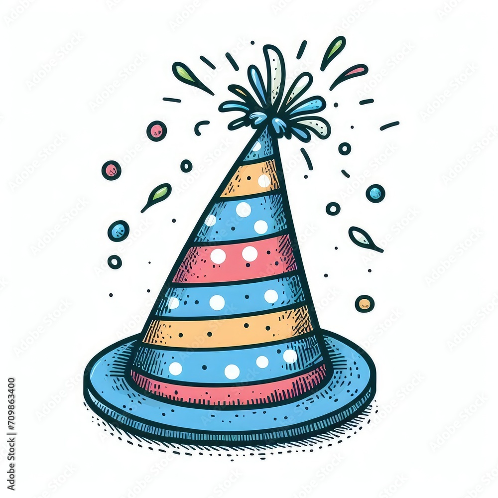 hand drawn birthday cone hat illustration in colorful vintage style isolated on white background