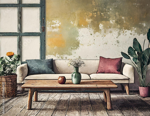 Modern farmhouse living room arrangement with comfortable seating and a distressed wooden table. The mockup wall introduces a dynamic element, allowing for personalized displays within the cozy and ru photo