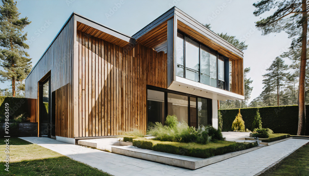 Modern luxury minimalist cubic house, villa with wooden cladding and panel walls and landscaping design front yard. Residential architecture exterior. Modern luxury minimalist cubic house, villa with wooden cladding and panel walls and landscaping design front yard. Residential architecture exterior.