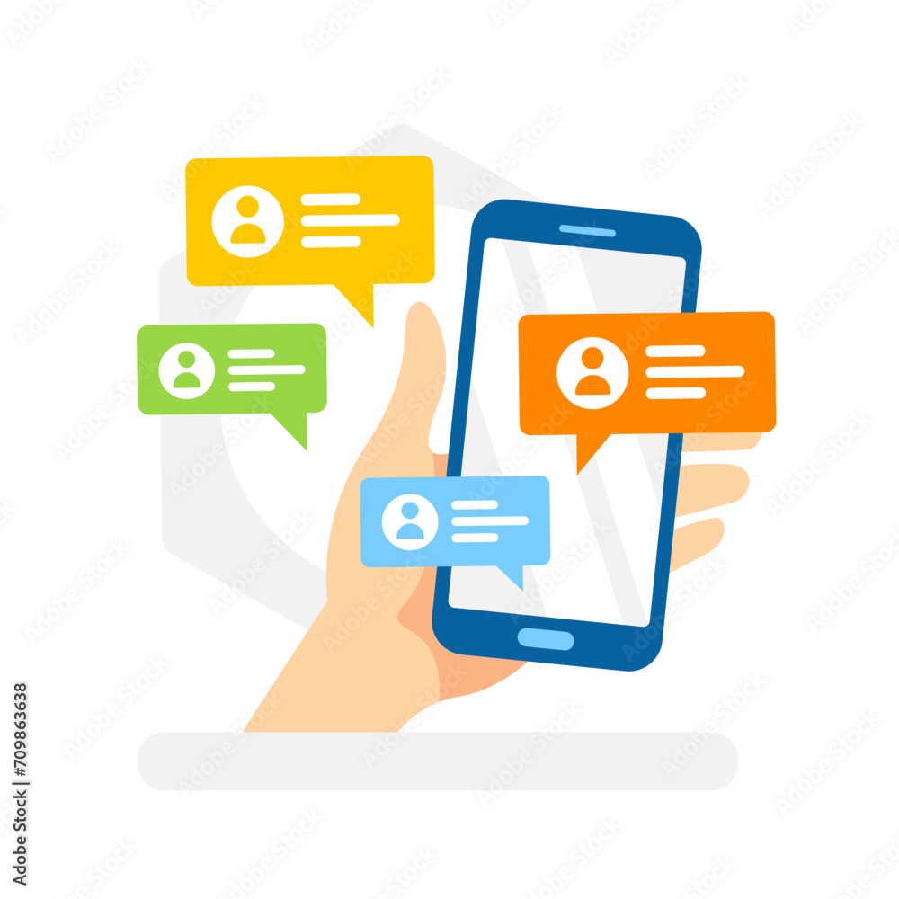 Hand holding a smartphone with chat bubbles, perfect for concepts on mobile communication, social media, and modern digital conversation Hand holding a smartphone with chat bubbles, perfect for concepts on mobile communication, social media, and modern digital conversation