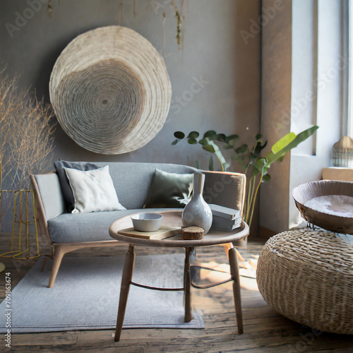 Modern Scandinavian art sanctuary. Neutral palette, artistic details. Artistic furniture, minimalist decor. Feminine artistic accents like abstract art and soft textiles create an inviting and contemp
