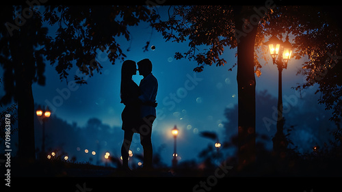 Couple Romance Night Blue light Big moon Valentines day background 