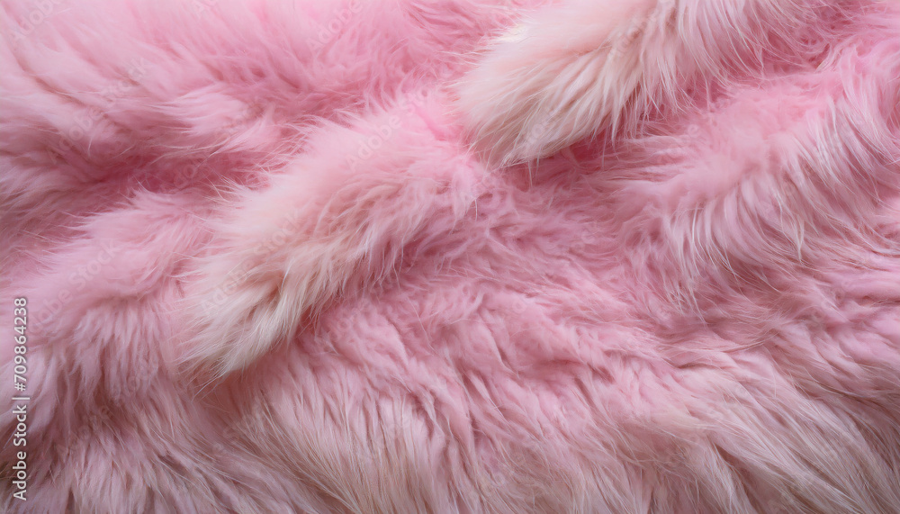 Fototapeta premium Pink fur texture top view. Pink sheepskin background. Fur pattern. Texture of pink shaggy fur. Wool texture. Sheep fur close up