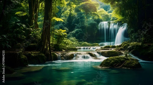 Beautiful waterfall in lush tropical green forest. Nature landscape. 