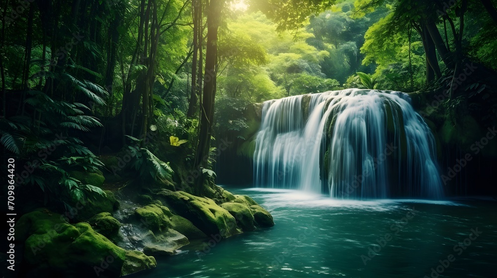 Beautiful waterfall in lush tropical green forest. Nature landscape. 