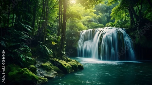 Beautiful waterfall in lush tropical green forest. Nature landscape. © Ziyan Yang