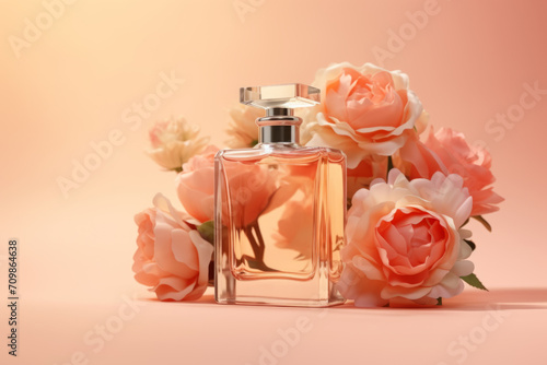 Perfume bottle with floral design on colorful background.