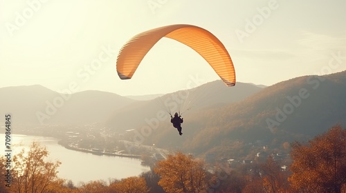 Adventurous man paragliding alone at sunny day, back view of the thrilling flying experience