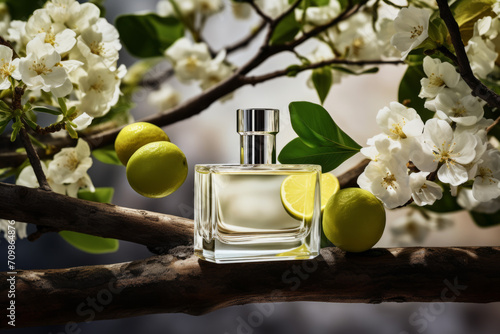 Close-up of Lime branch with flowers and perfume bottle.