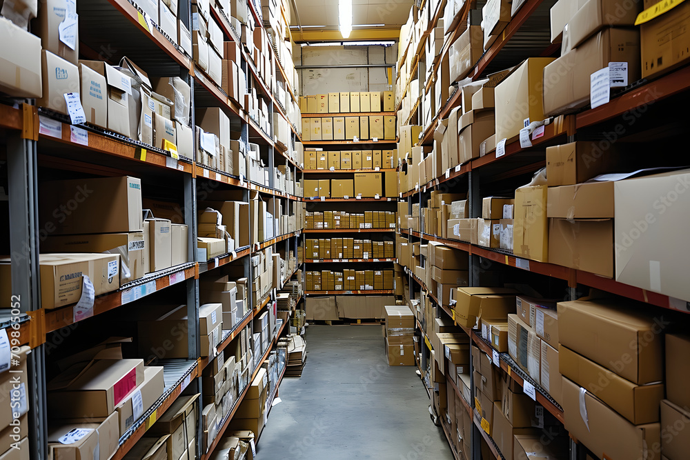 Fototapeta premium Effiziente Paketsortierung: Arbeiter in einer modernen Sortieranlage für schnellen Versand