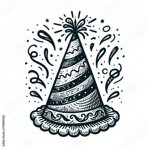 hand drawn birthday cone hat illustration in colorful vintage style isolated on white background