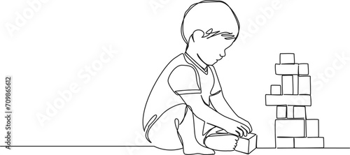 continuous single line drawing of toddler playing with toy blocks, line art vector illustration