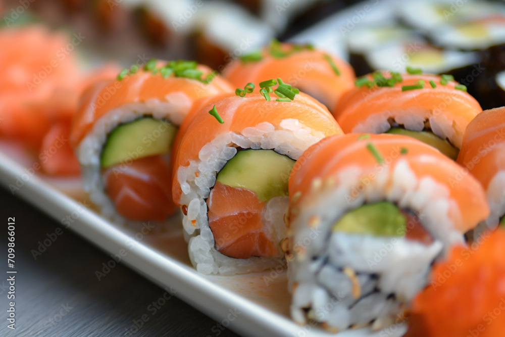 Delicious Salmon and Avocado Maki Sushi, Close-Up of Fresh Salmon Nigiri, Traditional Japanese Cuisine, Gourmet Asian Food Photography Delicious Salmon and Avocado Maki Sushi, Close-Up of Fresh Salmon Nigiri, Traditional Japanese Cuisine, Gourmet Asian Food Photography