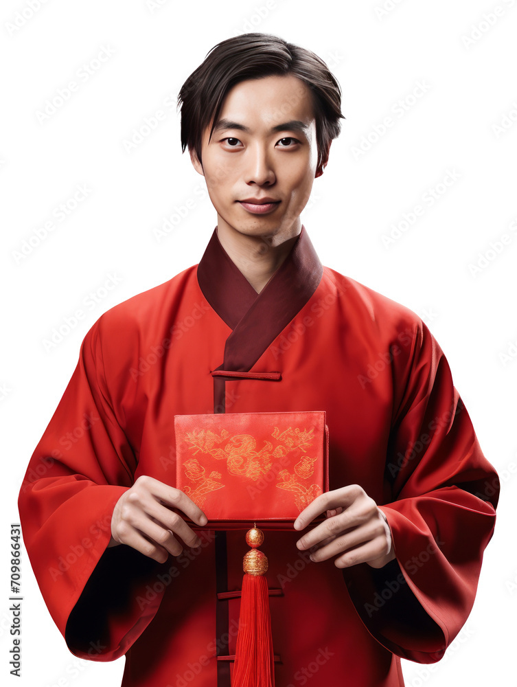 chinese men holding red envelope on transparent background,generative ai chinese men holding red envelope on transparent background,generative ai