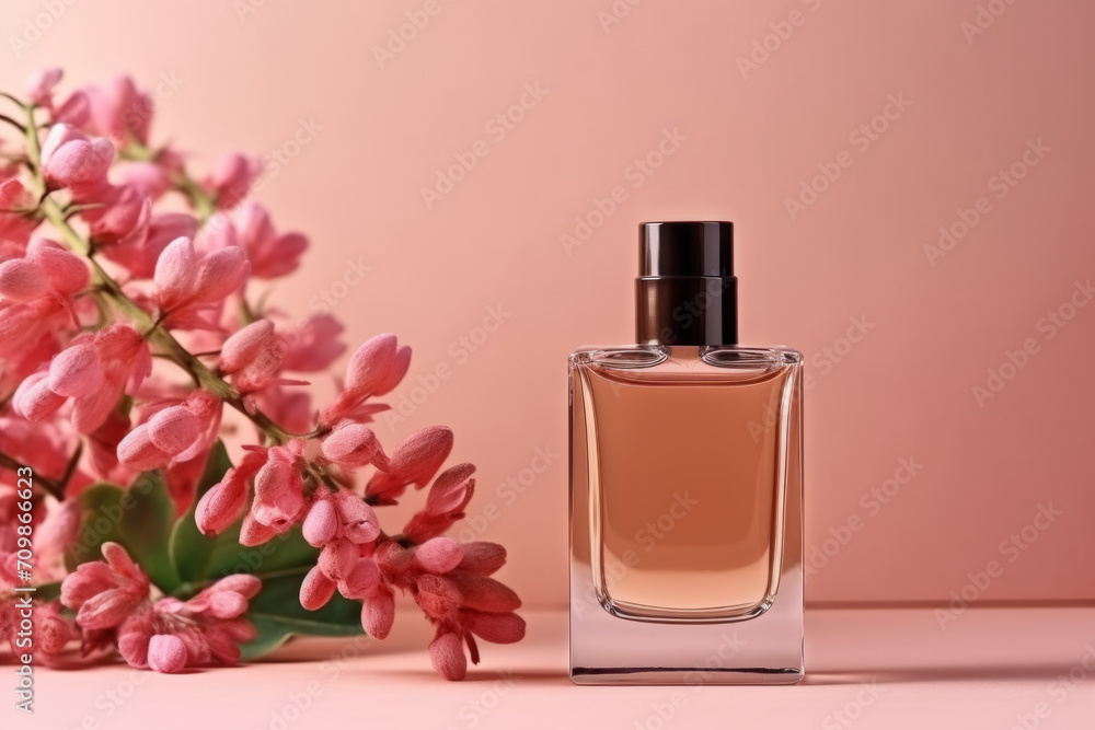 Unbranded perfume bottle with pink flowers on pink background Unbranded perfume bottle with pink flowers on pink background
