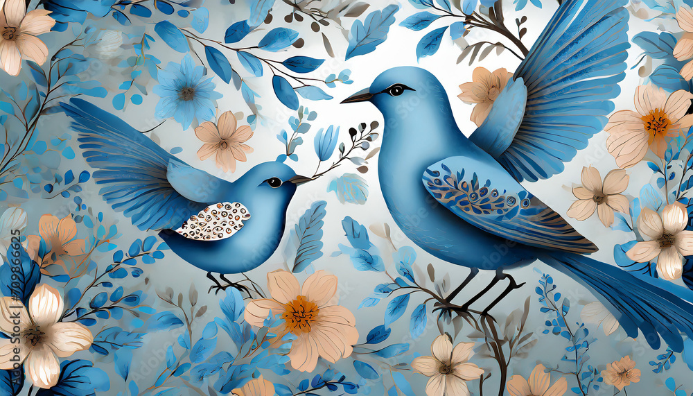 seamless floral pattern with blue birds of the same color
