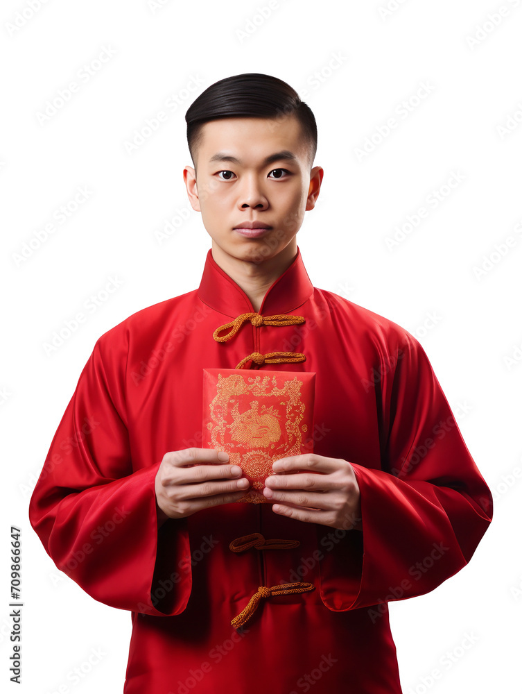 chinese men holding red envelope on transparent background,generative ai chinese men holding red envelope on transparent background,generative ai