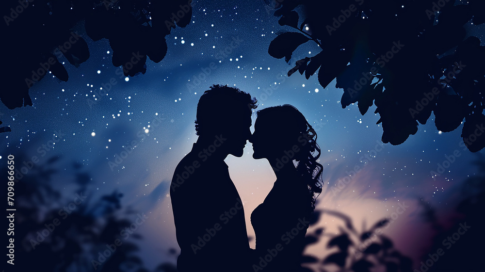 Obraz premium Couple Romance Night Blue light Big moon Valentines day background 