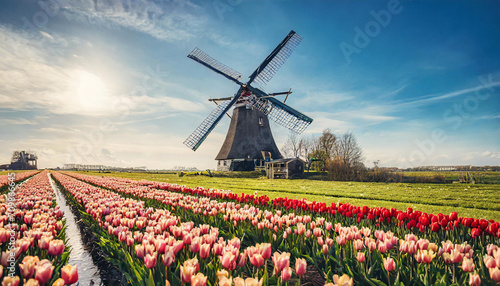 Spring windmill traditional mill travel nature netherlands tulip holland europe dutch landscape field