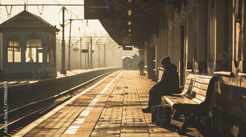 silhouette of a lonely person sitting on an empty morning railway station platform photo