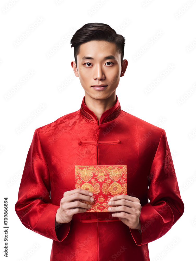chinese men holding red envelope on transparent background,generative ai