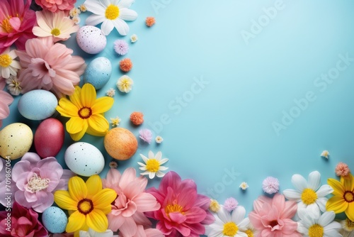 colorful easter design with flowers and eggs copy space