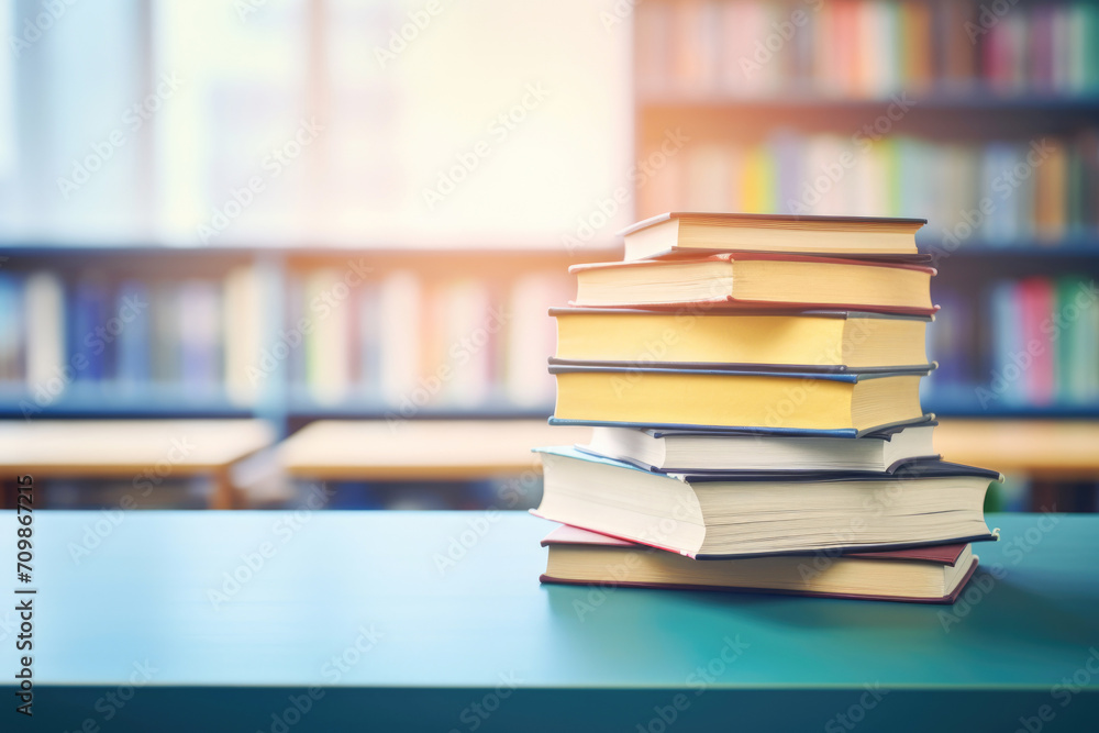 A photo of a neatly arranged stack of textbooks on a desk, set against a blurred background of a school library A photo of a neatly arranged stack of textbooks on a desk, set against a blurred background of a school library