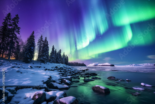 Northern lights paint cold park with green hues under the polar sky - icy reflections on winter landscapes. © EdNurg