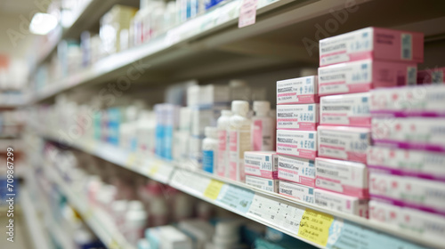 Shelf in a pharmacy stocked with various medication boxes, with a focus on the packaging in the foreground and a blurred background photo