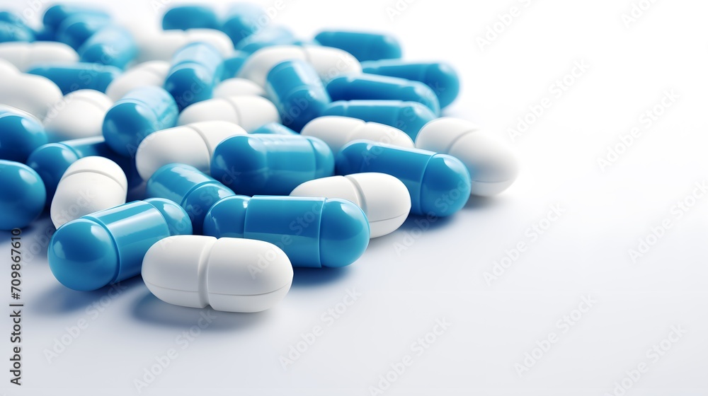 Blue-white antibiotic capsule pills on white background. Pile of antibiotic drug. Antibiotic drug resistance. Prescription drugs. Healthcare and medicine. Pharmaceutical industry. Pharmacy product.
