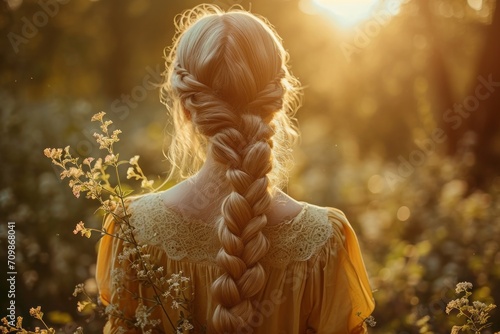 Girl with a thick braid in a sunny summer meadow