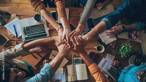 Group of people's hands joined together in the center of a table filled with work materials, signifying teamwork and collaboration. photo