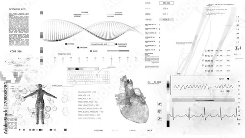 Medical HUD.Heard rate monitor. White background.Sceleton MRI x ray Scan, 3D Model Animation. Analyzing cardiac diagnosis.DNA. Futuristic Technological Interface. Healthcare