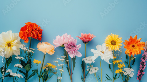 Spring flowers on a blue background, Springtime and reveal, positive vibes concept 