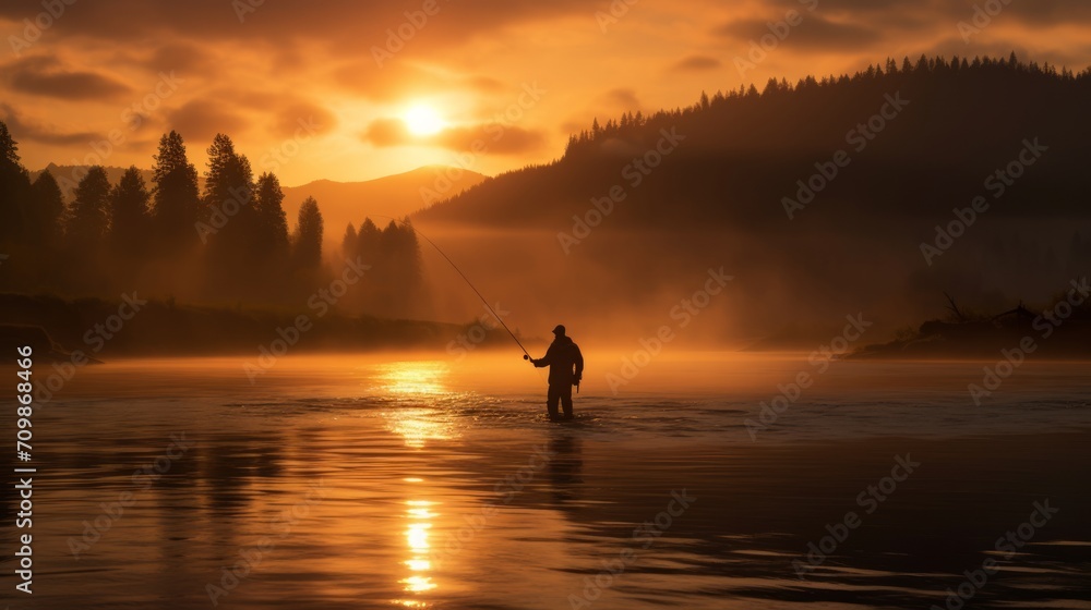 Fisherman near the river at sunset. Neural network AI generated art