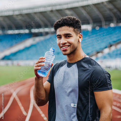 a photo of a latino male sprinter athlete on a track holding in his hand and drinking cold isotonic sports water drink. sweaty after exercises. blurry stadium background. photo