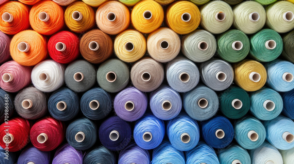 Closeup of colourful cotton reels for sewing machines Closeup of colourful cotton reels for sewing machines
