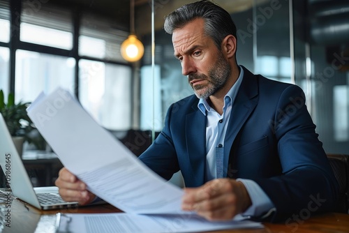 Serious busy mid aged professional business man lawyer or financial law expert wearing suit holding corporate documents reading paper contract sitting, Generative AI photo