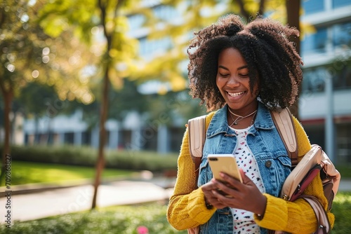 Smiling African American girl walking in university park using mobile phone shopping online or texting messages. Happy female student holding smartphone chatting standing in campus, Generative AI photo