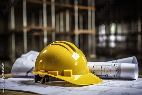 Yellow Hard Hat and Construction Blueprints at Building Site.
