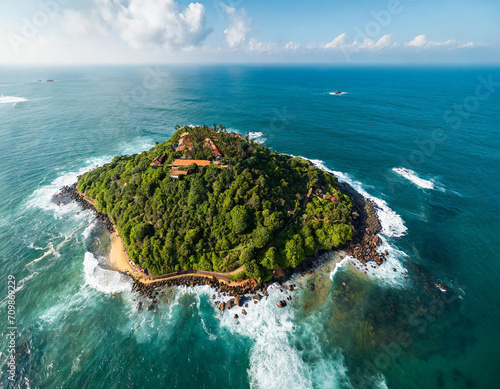 Aerial drone view of Taprobane island in Weligama, Sri Lanka. Famous landmark in the Indian Ocean. High quality travel photo