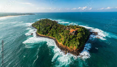 Aerial drone view of Taprobane island in Weligama, Sri Lanka. Famous landmark in the Indian Ocean. High quality travel photo photo