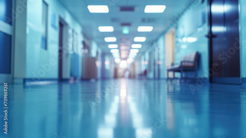 Medical blurred blue hospital background with space for text. Copy space