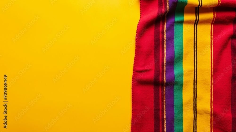 Celebrate Mexican Traditions with a Vibrant National Holiday Concept: Top View Photo of Colorful Striped Serape on Bright Yellow Background, Perfect for Festive Designs and Cultural Celebrations.