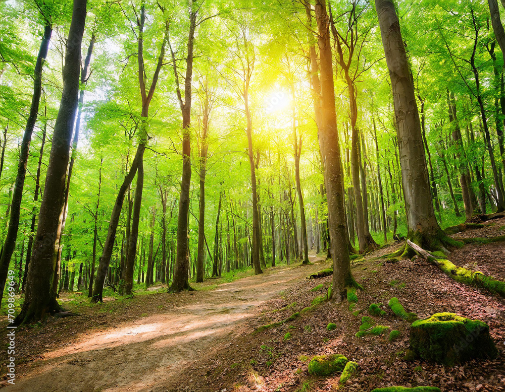 Fototapeta premium Beautiful forest in spring with bright sun shining through the trees