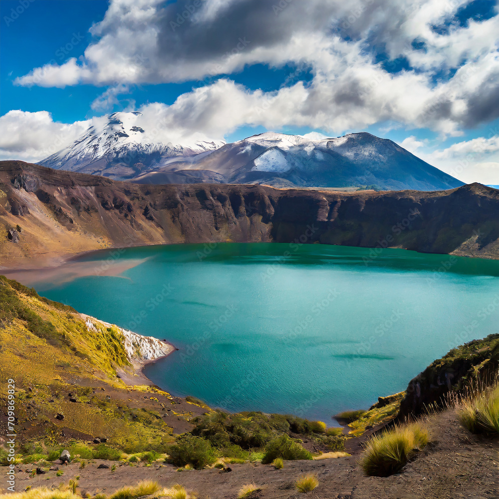 Beautiful Lake Inside a volcanic crater; the mountains are snow-capped Beautiful Lake Inside a volcanic crater; the mountains are snow-capped