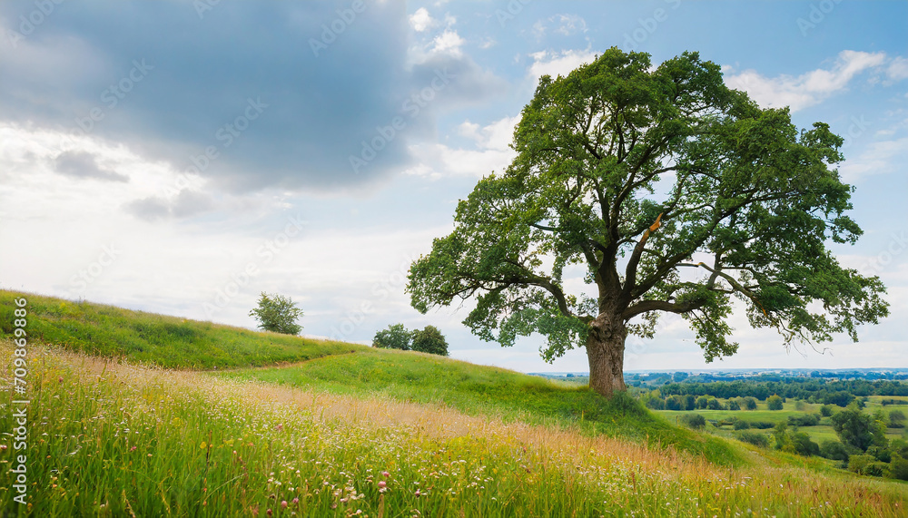 Fototapeta premium beautiful meadow and old tree on the hill in summer