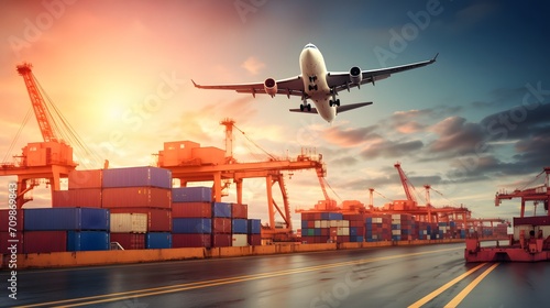 Cargo airplane flying above logistic container. Air logistic. Cargo and shipping business. Container ship for import and export logistic. Logistic industry. Container at harbor. Merchandise export. 