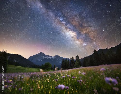beautiful meadow in the mountains at night with milkyway galaxy © gary